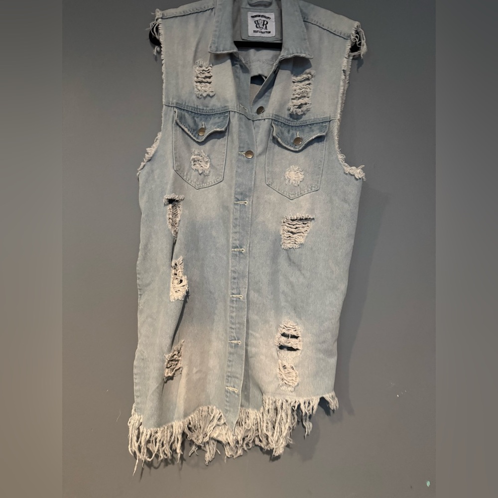 Light Blue Distressed Sleeveless Denim Long Vest with Fringe - Picture 3 of 8